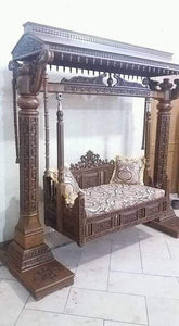 Wooden Twist Handmade Carved Teak Wood Swing with 2 Pillow ( Brown, Walnut Finish ) - WoodenTwist